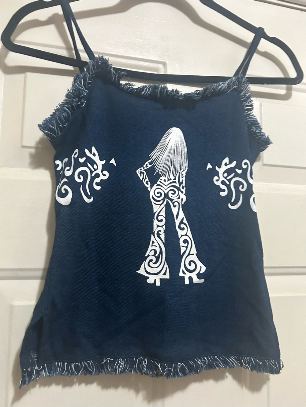 Navy Fringe Spaghetti Strap Hippie Chick Graphic Tank Top